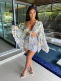 Chiffon print flared sleeve top skirt suit L224