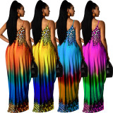 Leopard Gradient Positioning Printing Loose Sling Long Dress L222