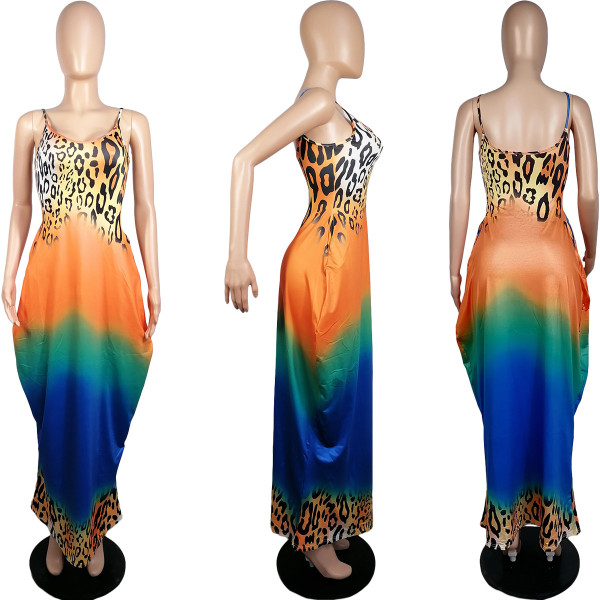 Leopard Gradient Positioning Printing Loose Sling Long Dress L222