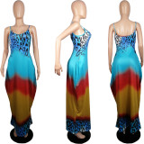 Leopard Gradient Positioning Printing Loose Sling Long Dress L222