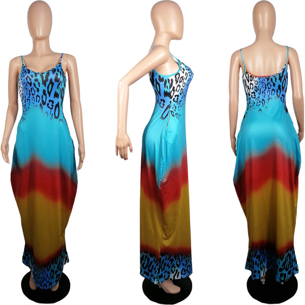 Leopard Gradient Positioning Printing Loose Sling Long Dress L222