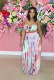 Wrapped chest tie-dye print loose wide-leg pants suit L217