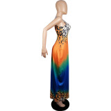 Leopard Gradient Positioning Printing Loose Sling Long Dress L222