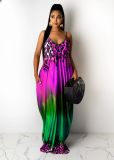 Leopard Gradient Positioning Printing Loose Sling Long Dress L222