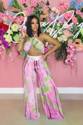 Wrapped chest tie-dye print loose wide-leg pants suit L217