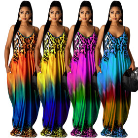 Leopard Gradient Positioning Printing Loose Sling Long Dress L222