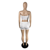 Two-piece set of solid color printed wrap-up top and shorts TC070