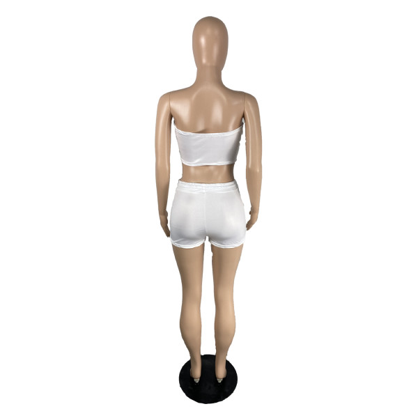 Two-piece set of solid color printed wrap-up top and shorts TC070