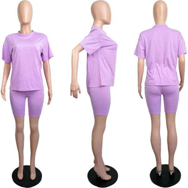 Cotton solid color casual loose large size T-shirt and two-piece shorts L225