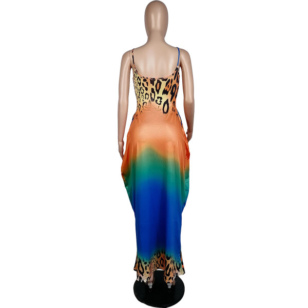 Leopard Gradient Positioning Printing Loose Sling Long Dress L222