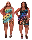 Printed round neck L-5XL casual pants suit TC081