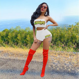 Two-piece set of solid color printed wrap-up top and shorts TC070