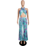 Wrapped chest tie-dye print loose wide-leg pants suit L217