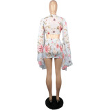 Chiffon print flared sleeve top skirt suit L224