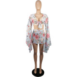Chiffon print flared sleeve top skirt suit L224