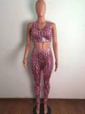 Fashion European and American bronzing burnt flowers hollow stretch two-piece suit XM6125