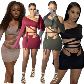 Two-piece women's solid color slanted shoulder flared sleeve lace-up skirt two-piece AJ4339