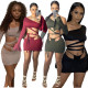 Two-piece women's solid color slanted shoulder flared sleeve lace-up skirt two-piece AJ4339