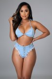 Two-piece sexy bikini denim suit with straps and tassels A3282