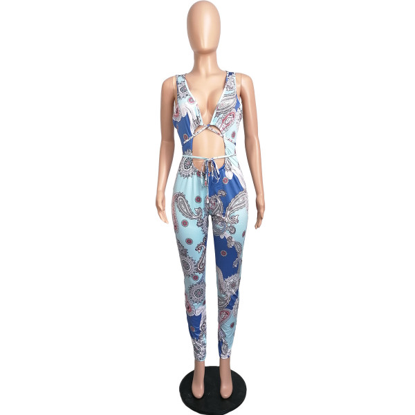 Sexy lace-up paisley print jumpsuit L223
