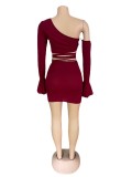 Two-piece women's solid color slanted shoulder flared sleeve lace-up skirt two-piece AJ4339