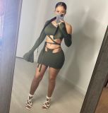 Two-piece women's solid color slanted shoulder flared sleeve lace-up skirt two-piece AJ4339