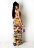 Stretch digital print long dress AJ4346