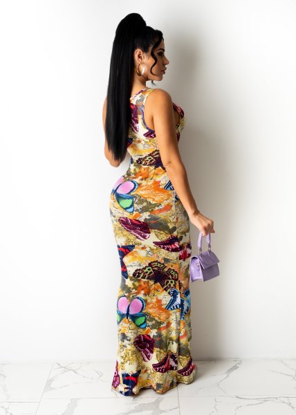 Stretch digital print long dress AJ4346