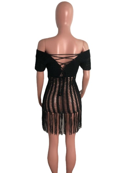 Long fringed beach skirt with fringed front and back woven in Europe and America AJ4330