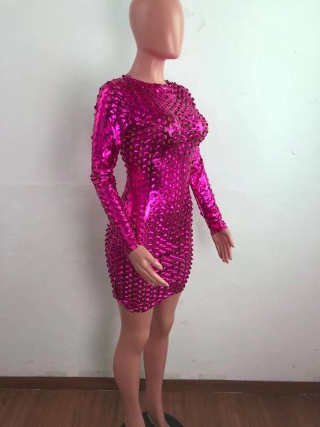 Fashion European and American bronzing burnt flowers hollow stretch long-sleeved dress XM6126