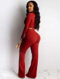 Pit striped long-sleeved top + wide-leg pants suit two-piece QJ5307