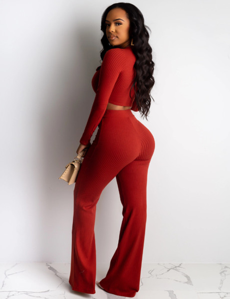 Pit striped long-sleeved top + wide-leg pants suit two-piece QJ5307