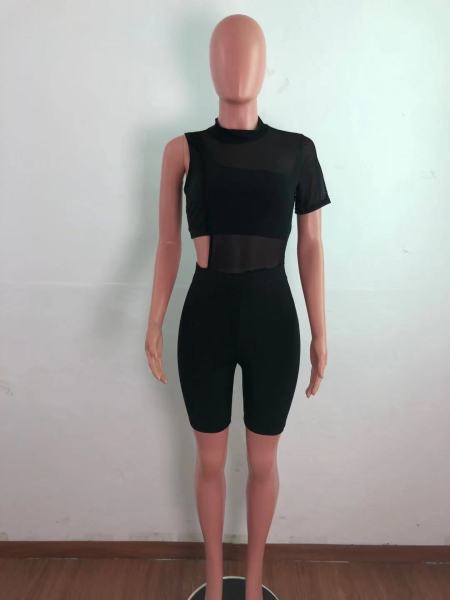 Fashion asymmetric pit strip one-shoulder mesh two-piece suit AJ4340