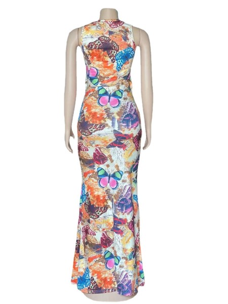 Stretch digital print long dress AJ4346