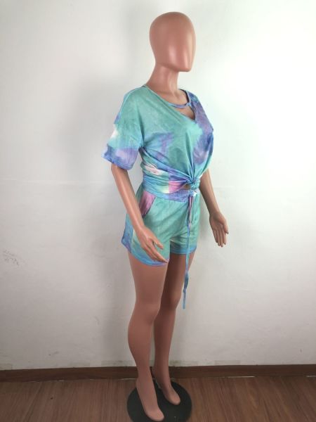 Tie-dye V-neck casual fashion home sports shorts two-piece suit AJ4204
