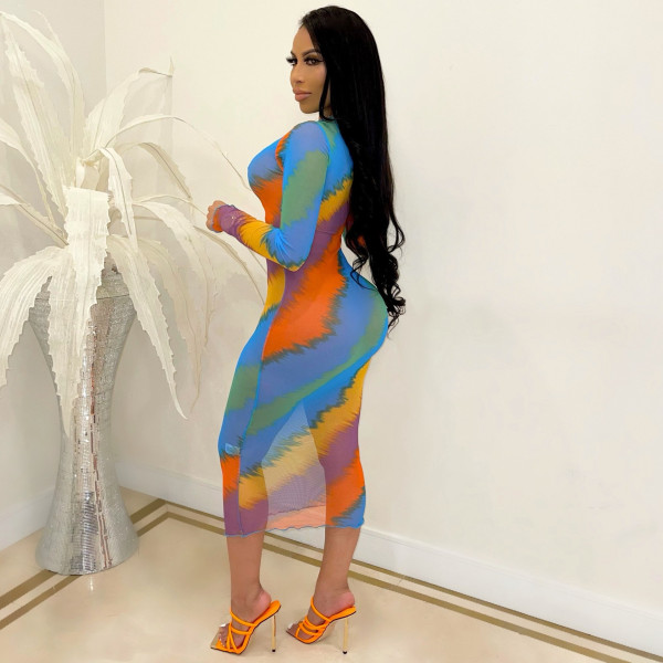 See-through wood ear print color slim jumpsuit XM6127
