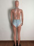 Two-piece sexy bikini denim suit with straps and tassels A3282