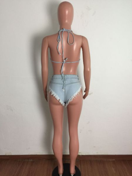 Two-piece sexy bikini denim suit with straps and tassels A3282