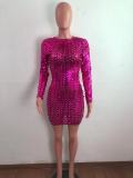 Fashion European and American bronzing burnt flowers hollow stretch long-sleeved dress XM6126