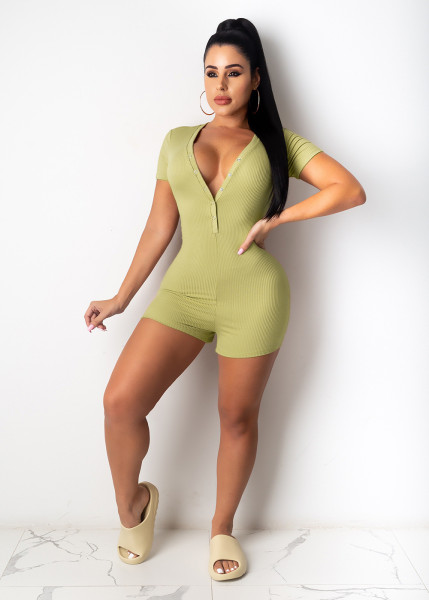 V-neck buttoned short-sleeved jumpsuit high-waisted personality pit strip jumpsuit AJ4337