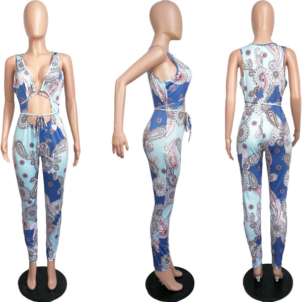 Sexy lace-up paisley print jumpsuit L223