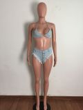 Two-piece sexy bikini denim suit with straps and tassels A3282