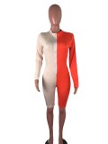 Multicolor color matching pit strip stretch five-point pants skinny jumpsuit AJ4333