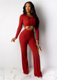 Pit striped long-sleeved top + wide-leg pants suit two-piece QJ5307
