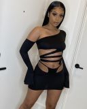 Two-piece women's solid color slanted shoulder flared sleeve lace-up skirt two-piece AJ4339