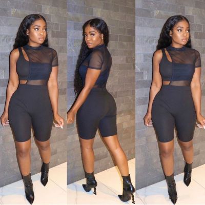 Fashion asymmetric pit strip one-shoulder mesh two-piece suit AJ4340
