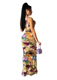 Stretch digital print long dress AJ4346