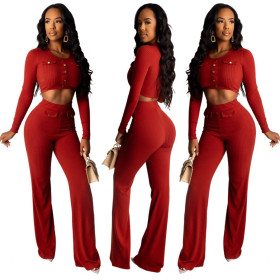 Pit striped long-sleeved top + wide-leg pants suit two-piece QJ5307