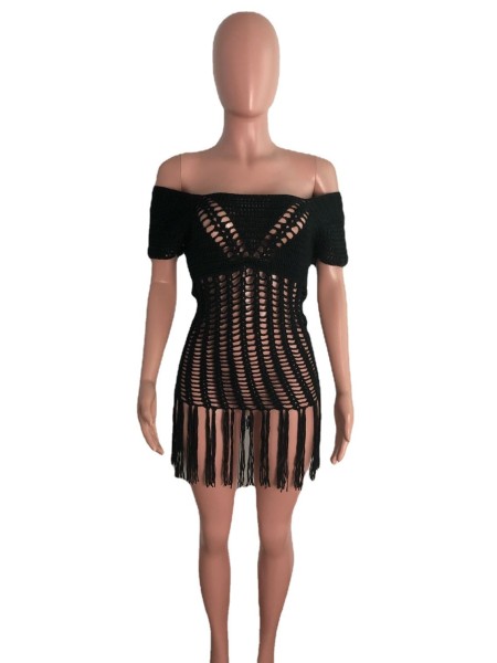 Long fringed beach skirt with fringed front and back woven in Europe and America AJ4330