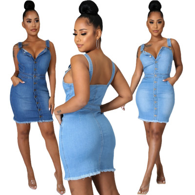 New women's wash water milled white sleeveless sling backless sexy denim dress A3271